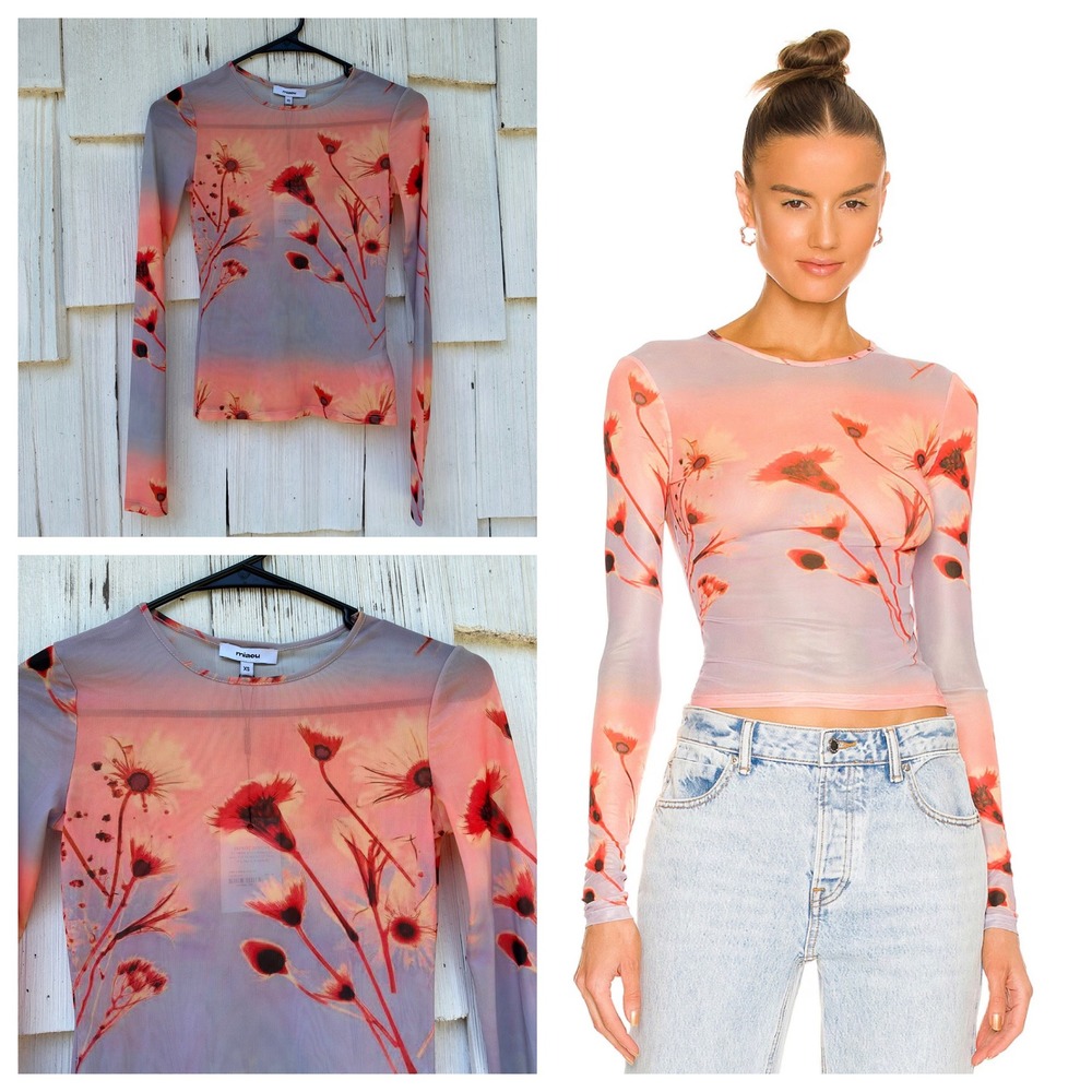Miaou Power Mesh Long Sleeve Tee Sunrise Floral Ombre Sheer Top XS NEW